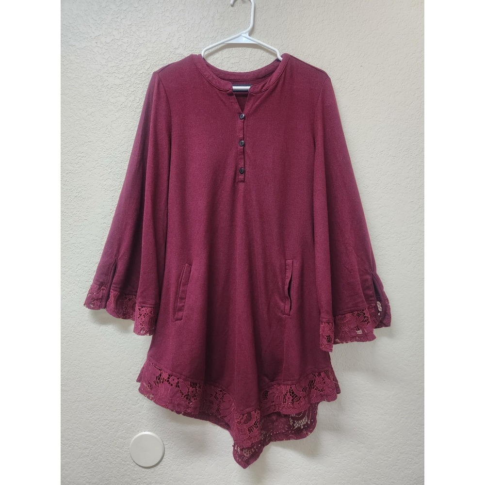 Reborn Burgundy Lace Henley Tunic Top M | Women Casual Fall Boho Dress Shirt